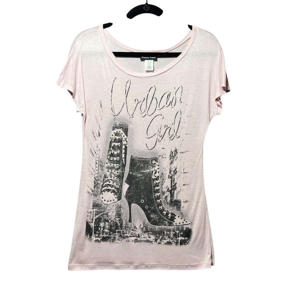 Y2K Pretty‎ Good Urban Girl Pink Studded Heels Graphic T Shirt Short Sleeve USA